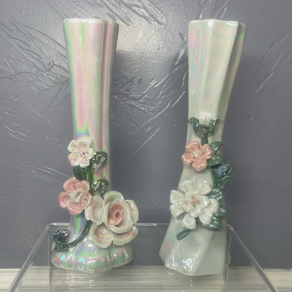 ❗️Donating soon❗️Vintage Lusterware Bud Vase with Applied Flowers Set of Two